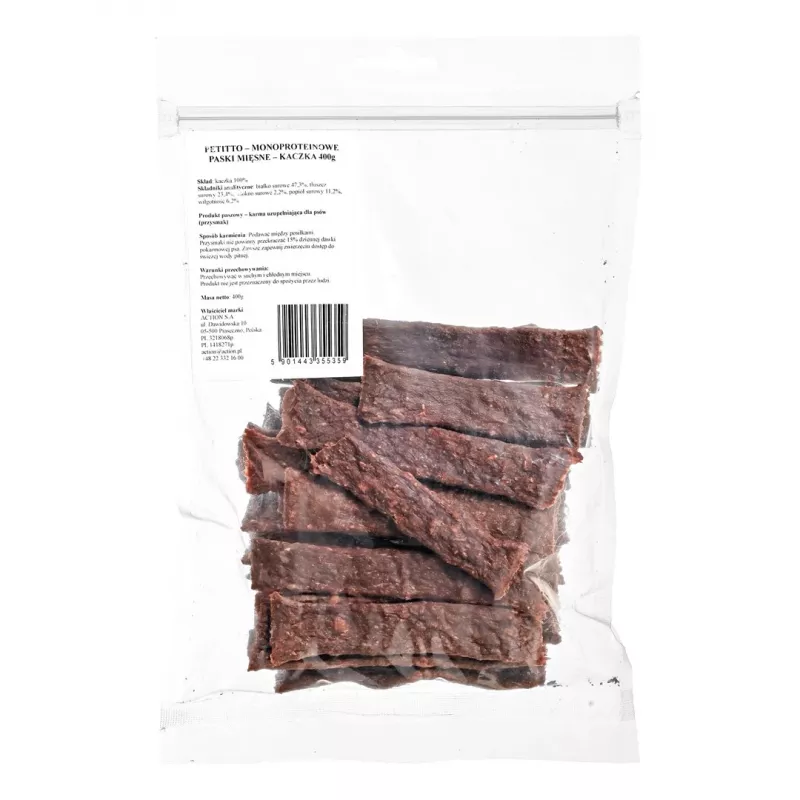 PETITTO Monoprotein Meat Strips Duck 400 g – vieno baltymo šaltinio treniruočių skanėstas šunims