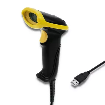 Rankinis brūkšninių kodų skaitytuvas QOLTEC 50867 — 1D/2D lazerinis, USB laidinis, 600 mm diapazonas, geltona/juoda