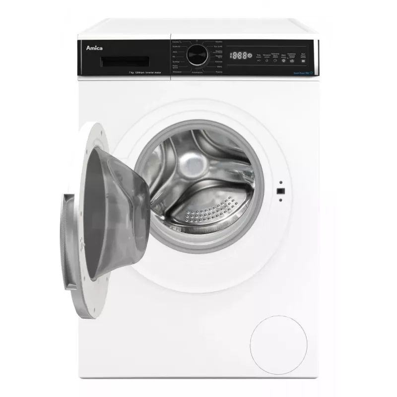 Laisvai pastatoma skalbimo mašina AMICA WA3S712BLiSHB, 7 kg, 1200 aps./min., 2100 W, LED ekranas, juodos spalvos durelės