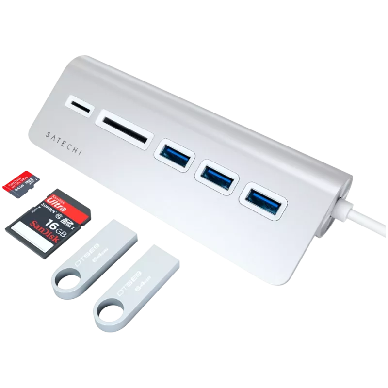 Satechie Type-C aliuminio USB centras ir kortelių skaitytuvas, sidabrinis, ST-TCHCRS