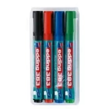 Marker Edding 383 Chisel tip rinkinys 4 spalvų: juoda, mėlyna, žalia, raudona