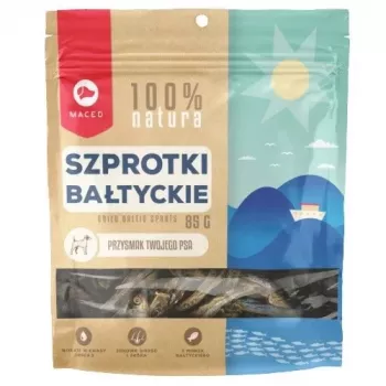 Šunų skanėstai MACED Sprats 85 g – žuvies užkandis suaugusiems šunims, baltymų 49% riebalų 38%, be konservantų ir be glitimo