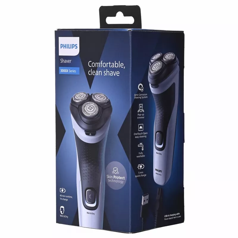 Elektrinis rotacinis skustuvas Philips 3000X Series X3003/00 — 3 galvutės, šlapias ir sausas skutimas, NiMH baterija, 40 min veikimo laikas