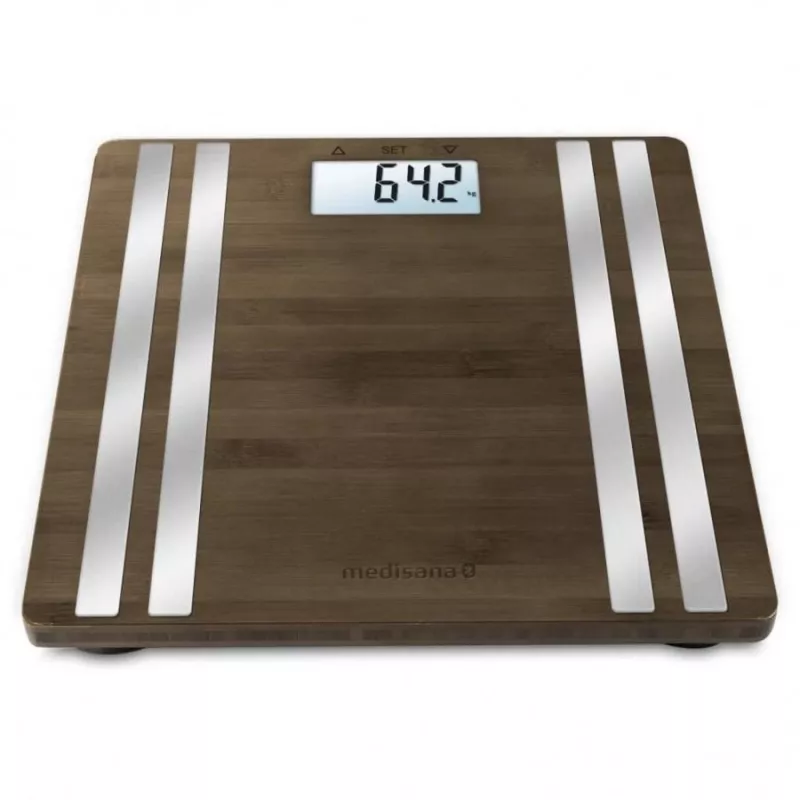 Asmeninės elektroninės svarstyklės Medisana BS 552 sidabrinės su bambuko viršumi, 180 kg, 100 g, Bluetooth, KMI, kūno sudėtis