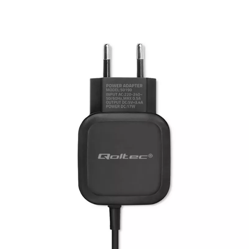 Qoltec 50190 Mobiliojo įrenginio įkroviklis iš tinklo, 3.4 A, USB, USB-C laidas