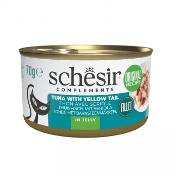 Šlapias kačių ėdalas Agras Pet Foods SCHESIR Complements Tunas su geltonuodege žuvimi drebučiuose 70 g, 85 % drėgmės, 12,5 % baltymų