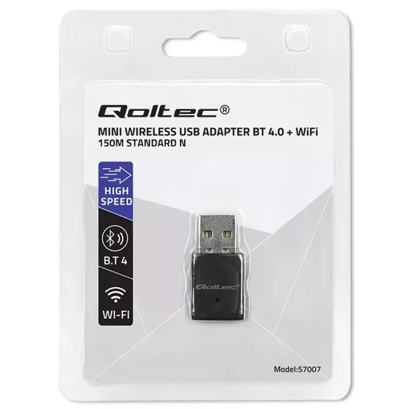Belaidis Mini USB Wi-Fi adapteris QOLTEC 57007 – vienos juostos 2,4 GHz, iki 150 Mbps, vidinė antena