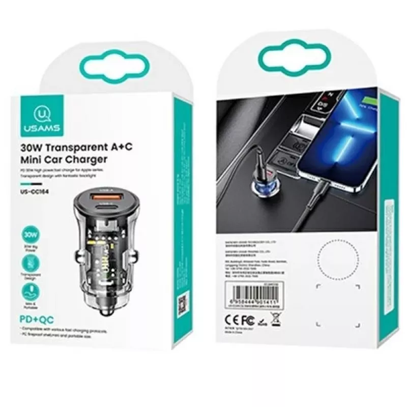 Automobilinis kroviklis usams CC164CC01 30W su 1×USB-A ir 1×USB-C greitajam krovimui