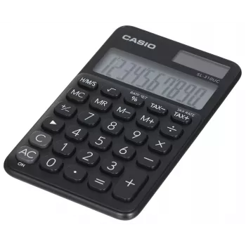 Pagrindinis skaičiuotuvas CASIO SL-310UC-BK – 10 skaitmenų, baterija/saulė, mokesčių ir pelno funkcijos, kišeninis (70×118×8,4 mm), juodas