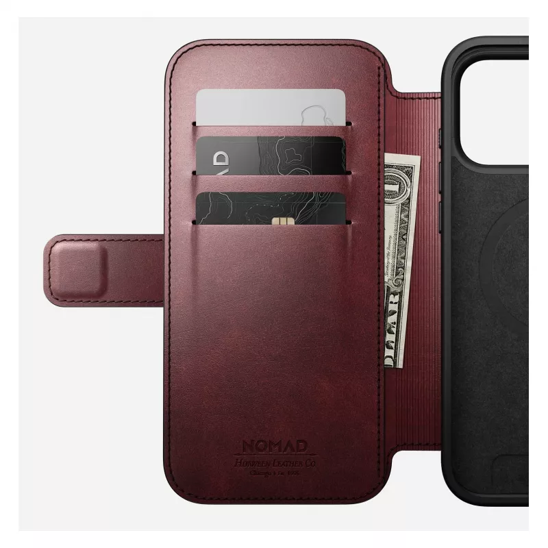 Mobilaus telefono dėklas Nomad Modern Leather Folio, skirtas iPhone 17 Pro Max – oda, TPU, PC, aliuminis, bordo spalvos, 16 cm (6,3 colio)