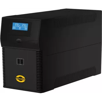 Nepertraukiamo maitinimo šaltinis ORVALDI ID2K0CH Line-Interactive 2 kVA / 1200 W, 24 V, 9 Ah baterijos, LCD, USB, kompaktiškas juodas