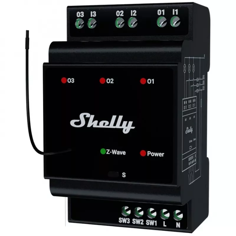 Išmanioji relė Shelly Wave PRO 3 juoda, plastikinis korpusas, 110–240 V AC, 50–60 Hz, 0,3 W, 53×59×96 mm
