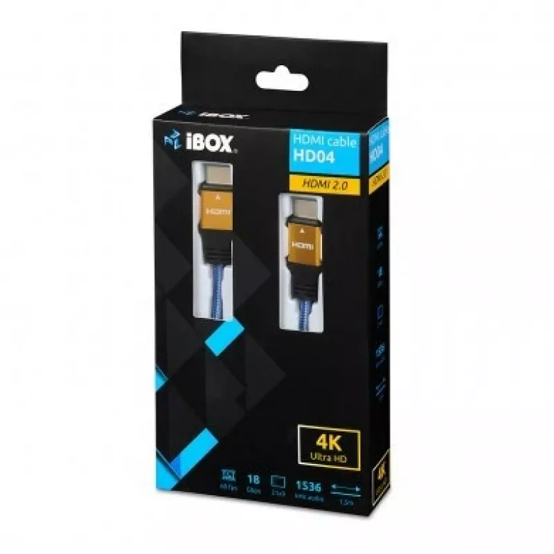 HDMI kabelis IBOX ITVFHD04 1,5 m, HDMI 2.0, 18 Gbps, 4K (4096×2160), auksuotos kontaktinės jungtys, kištukas-kištukas