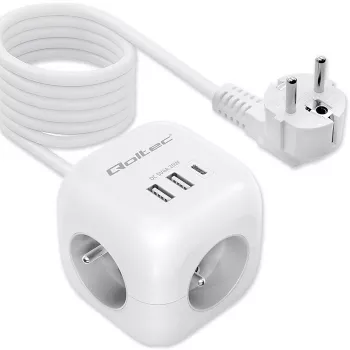 Power Cube QOLTEC 52547 maitinimo blokas 3×AC lizdai, 2×USB-A, 1×USB-C PD 20W