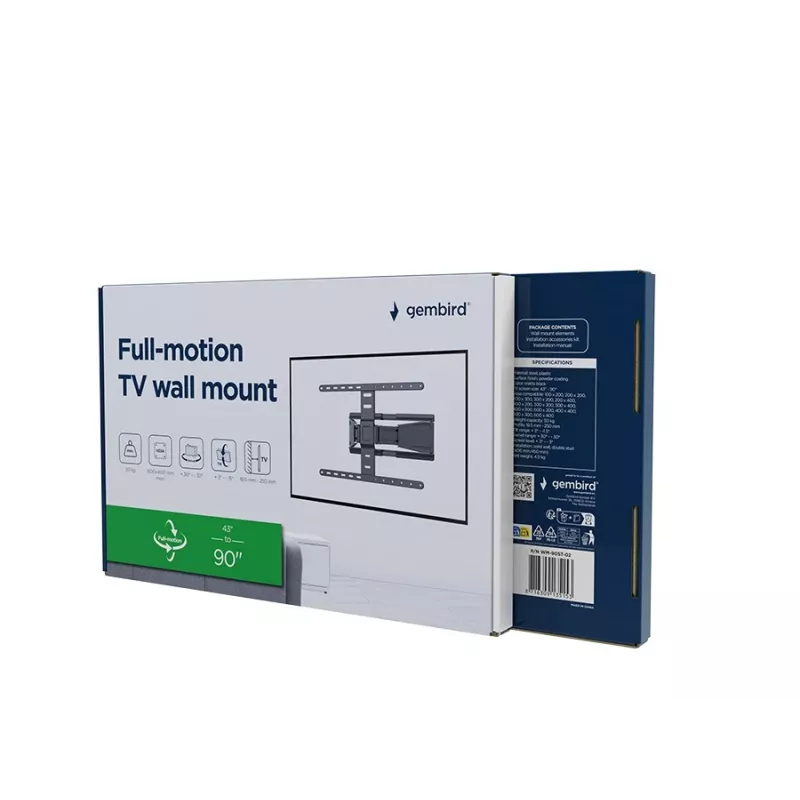 Pilnai judantis TV sieninis laikiklis GEMBIRD WM-90ST-02 43–90 colių ekranams, šarnyrinis, VESA 100x200–600x400, 50 kg talpa