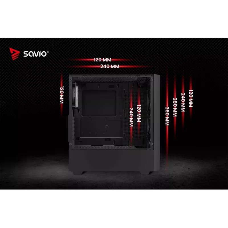 PC korpusas SAVIO Noctis Flow – Cube Mini-ITX/Micro-ATX/ATX, 3x120mm priekyje, 1x120mm gale, 2x3.5 colio + 3x2.5 colio lizdai, grūdintas stiklas
