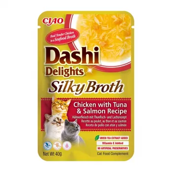 Šlapias skanėstas katėms INABA Dashi Delights Silky Broth – Vištiena su tunu ir lašiša, 40 g paketėlis, 93% drėgmės, dietinis virškinimo palaikymas