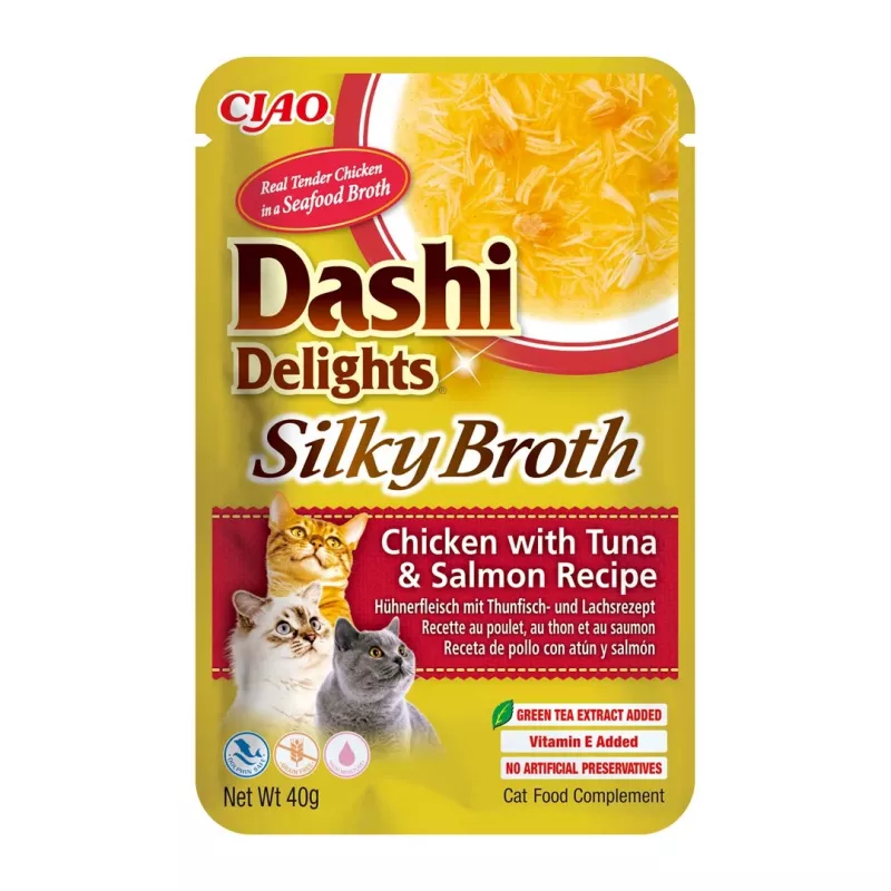 Šlapias skanėstas katėms INABA Dashi Delights Silky Broth – Vištiena su tunu ir lašiša, 40 g paketėlis, 93% drėgmės, dietinis virškinimo palaikymas