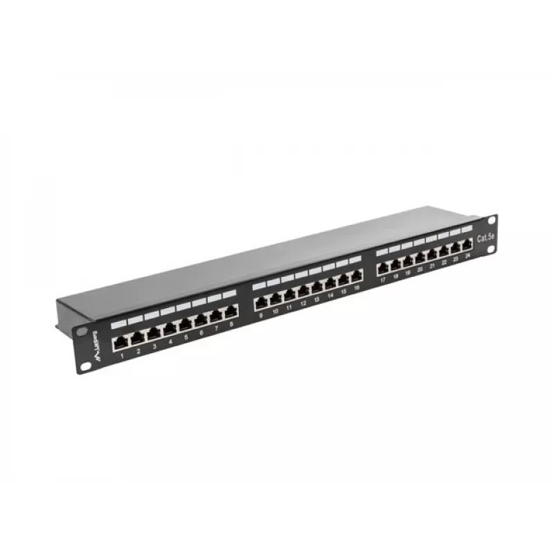 Patch panel 1U LANBERG PPS5-1024-B — 24 prievadų RJ-45 Cat5, metalinis, juodas, montavimui į stelažą
