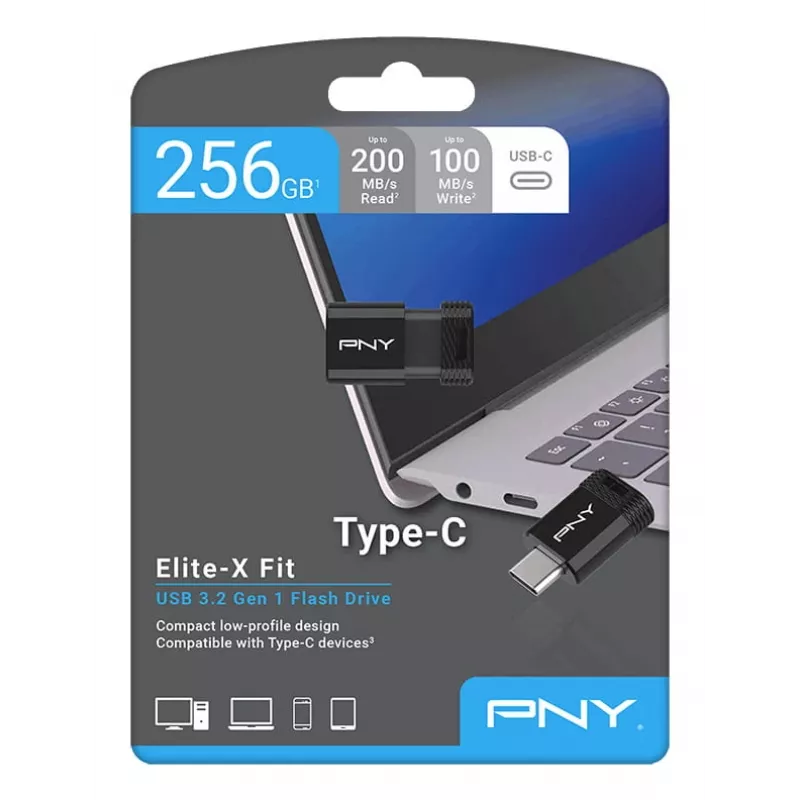 USB atmintukas PNY Elite-X 256 GB USB Type-C 3.2 Gen 1 (skaitymas 200 MB/s, rašymas 100 MB/s) Juodas