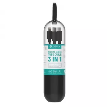 USB 3-in-1 įkrovimo ir duomenų kabelis Devia Kintone Series – Lightning, Micro-USB, USB-C, 1,2 m, juodas