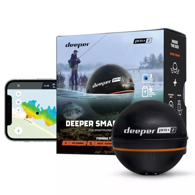 Nešiojamas žvejybinis sonaras Deeper Smart Sonar PRO+ 2, 2 sonaro spinduliai, 675 kHz, 100 m diapazonas, 65×65×65 mm, Li‑Ion 950 mAh