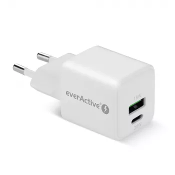 Sieninis įkroviklis everActive SC-330Q su 1x USB-A ir 1x USB-C prievadais, 20 W, baltas