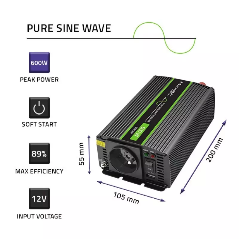 Qoltec Monolith keitiklis automobilinis 600 W 12 V