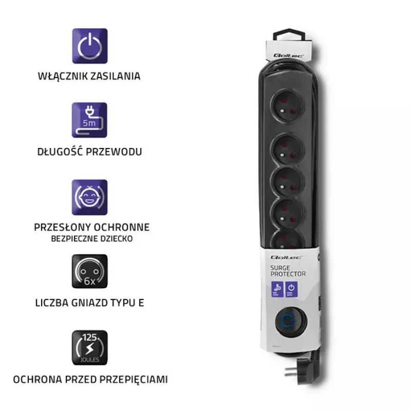 Apsauginis filtras Qoltec 50172 Juodas 6 AC lizdai 230V 5m