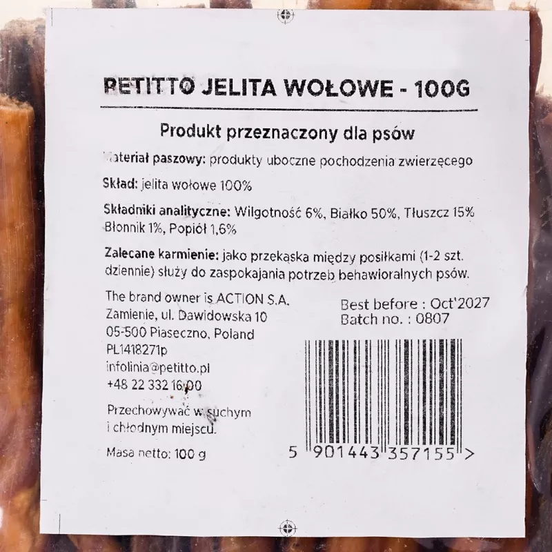 PETITTO natūralus kramtomas žaislas iš jautienos žarnų 100 g