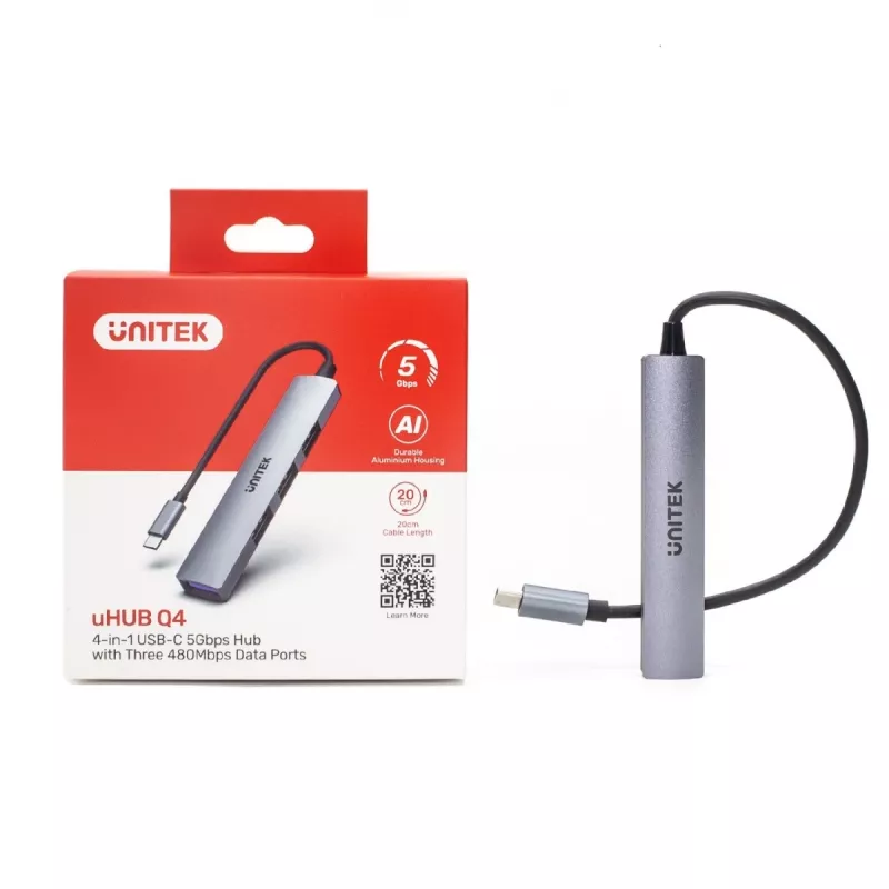 USB-C šakotuvas Unitek H1208B — 1x USB-A 5 Gbps, 3x USB-A 2.0, USB-C lizdas, aliumininis korpusas, 0,20 m kabelis