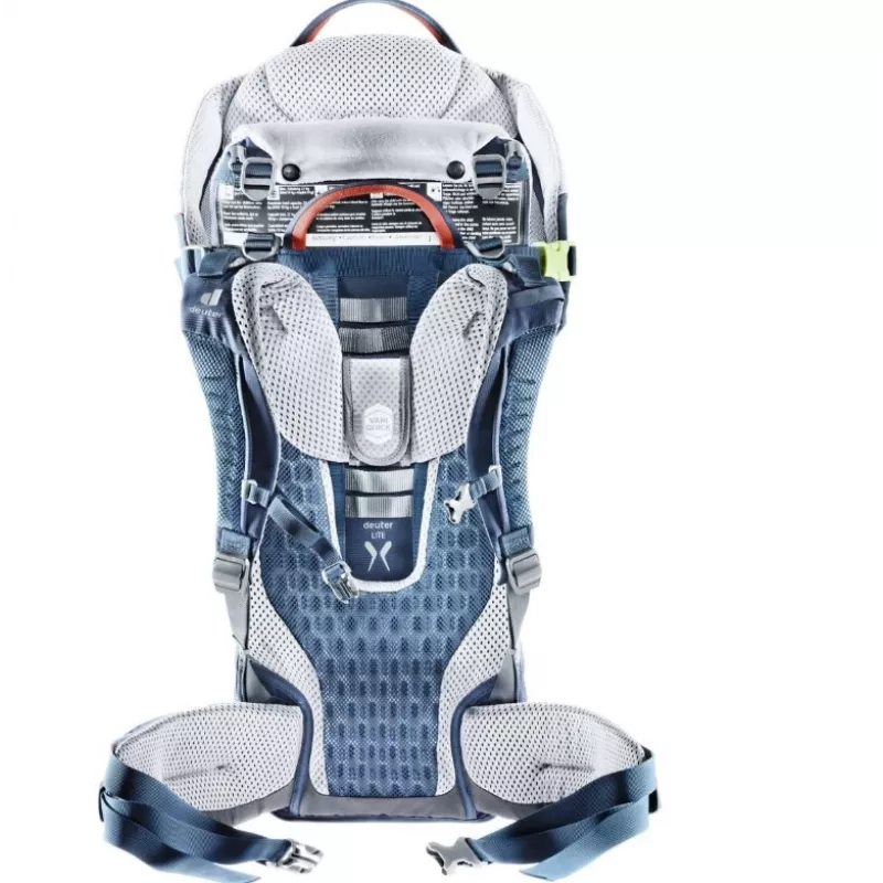 Nešiojama kuprinė vaikui DEUTER Kid Comfort Active mėlyna, poliamidas, iki 22 kg, saulės stogelis, pėdų atrama, VariQuick, Lite Air