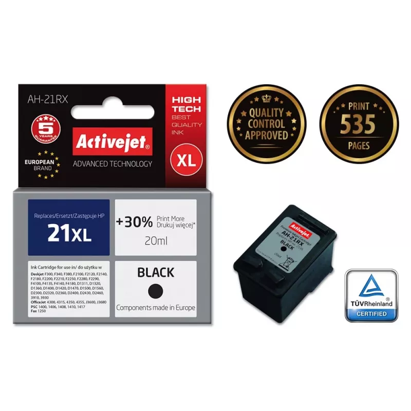 Activejet AH-21RX rašalinė kasetė (HP 21XL C9351A pakaitalas; Premium; 20 ml; juoda)