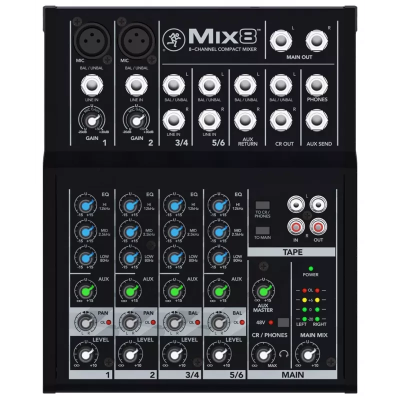 Mikseris Mackie Mix8 – 8 kanalų kompaktiškas analoginis garso maišytuvas, 20–30000 Hz, 3800 Ω