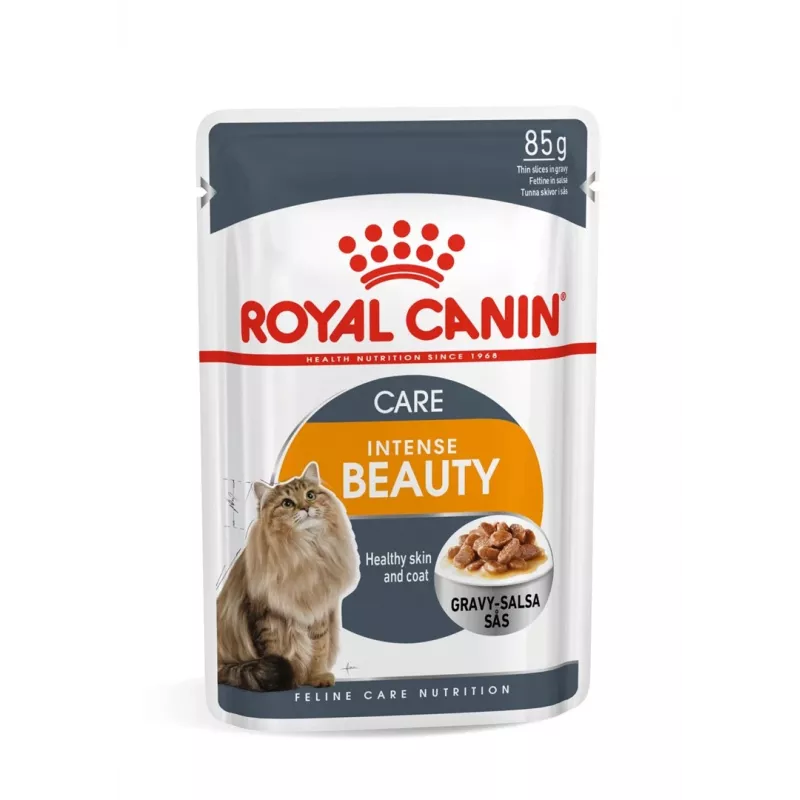 Šlapias ėdalas katėms Royal Canin Intense Beauty 85 g pakelis — suaugusioms katėms, odos ir kailio palaikymui, mėsos skonis, 12×85 g
