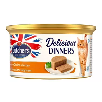 Šlapias maistas katėms Butcher's Delicious Dinners mousse su vištiena ir kalakutiena, 85 g, be grūdų, be glitimo