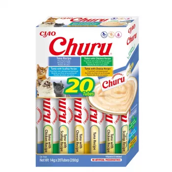 Šlapi katės skanėstai INABA Churu Variety Box – Tunas, 20 x 14 g paketėlių, pasta, drėgmė 88%, baltymai 8,5%