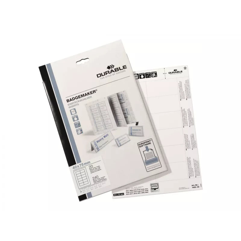 DURABLE 1453-02 Įdėklai ženkleliams, 240 vnt., 40x75 mm, balti