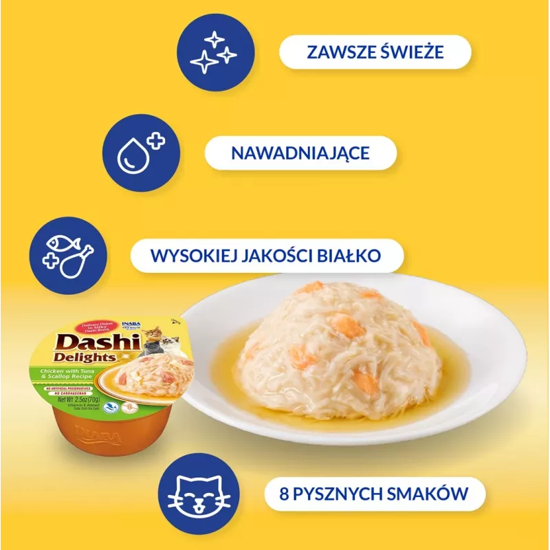 INABA Dashi Delights vištiena, tunas ir šukutės sultinyje 70 g – šlapias skanėstas katėms