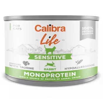 Šlapias kačių ėdalas Calibra Cat Life Sensitive Rabbit 200 g skardinė, suaugusiems, visas racionas, be glitimo, be cukraus