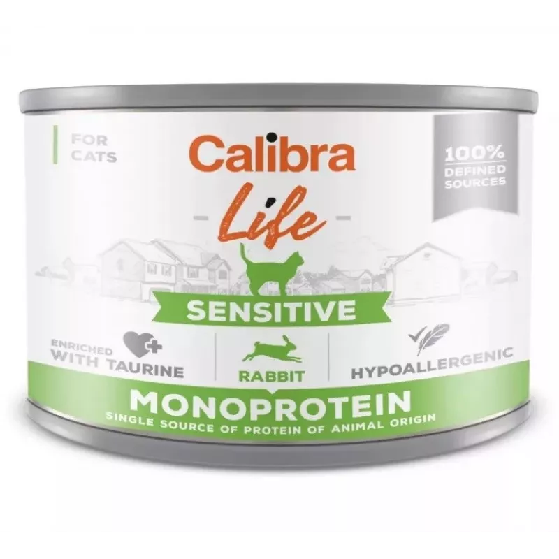 Šlapias kačių ėdalas Calibra Cat Life Sensitive Rabbit 200 g skardinė, suaugusiems, visas racionas, be glitimo, be cukraus