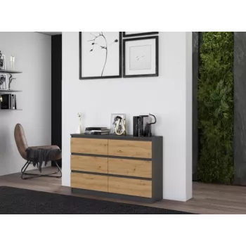 Komoda Top e shop M6 120 — Antracitas/Ąžuolas, 6 stalčių, 1200×300×770 mm, medžio drožlių plokštė