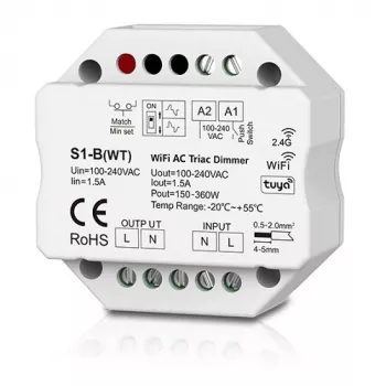 S1-B(WT) Vieno kanalo 230V valdiklis, TRIAC, Push-Dimm, Tuya, Wi-Fi