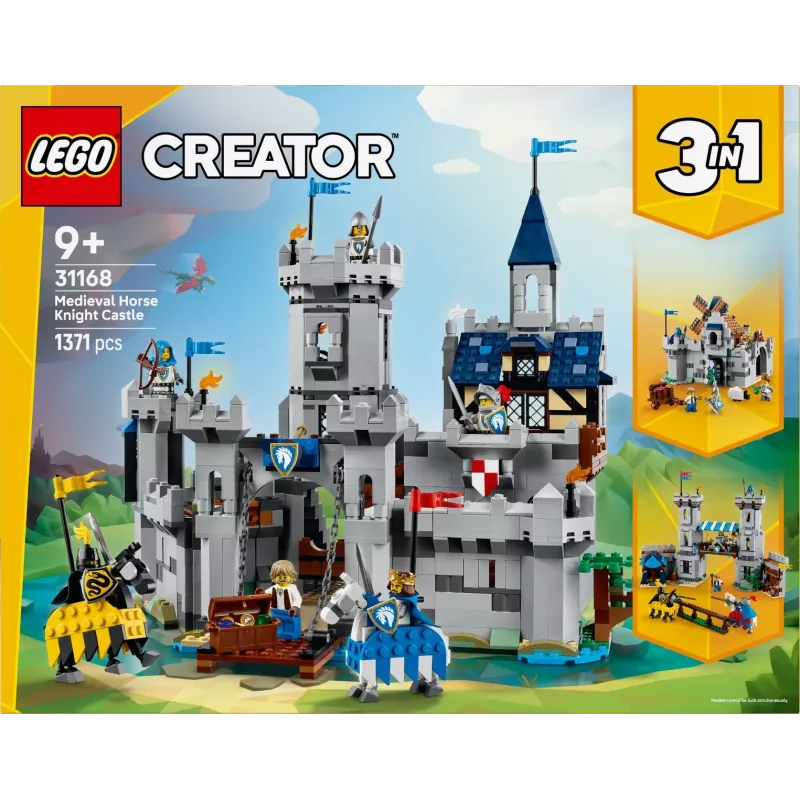LEGO Creator 3-in-1 Viduramžių riterio pilies statybos rinkinys 31168 — 1371 detalė, 6 minifigūrėlės, nuo 9 metų