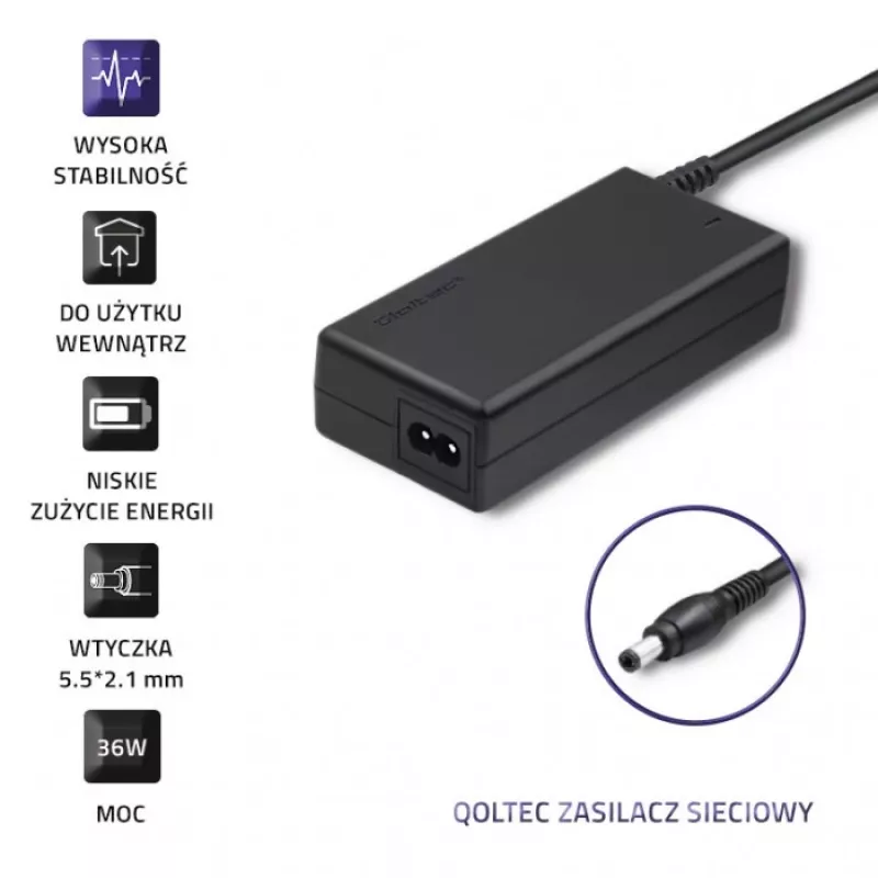 Qoltec 50769 stalinio tipo maitinimo adapteris 36 W, 12 V, 3 A, 5,5 x 2,1 mm, su maitinimo kabeliu