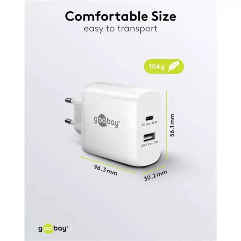 USB-C dvigubas greitas įkroviklis, PD, GaN, 65 W (baltas, 1x USB-C, 1x USB-A, Power Delivery)