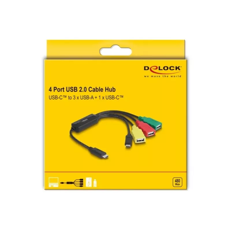 DeLOCK 4 prievadų USB 2.0 kabelinis šakotuvas USB Type-C į 3× USB-A moteriška + 1× USB-C vyriška