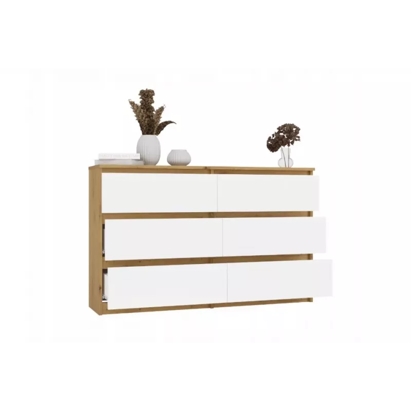 Komoda su 6 stalčiais 120 cm Malwa — Artisan Oak / Balta, medžio drožlių plokštė