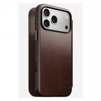 Nomad Modern Leather Folio dėklas iPhone 17 Pro Max — Ruda, oda, 6,3 colio ekranui, 4 kortelių kišenės