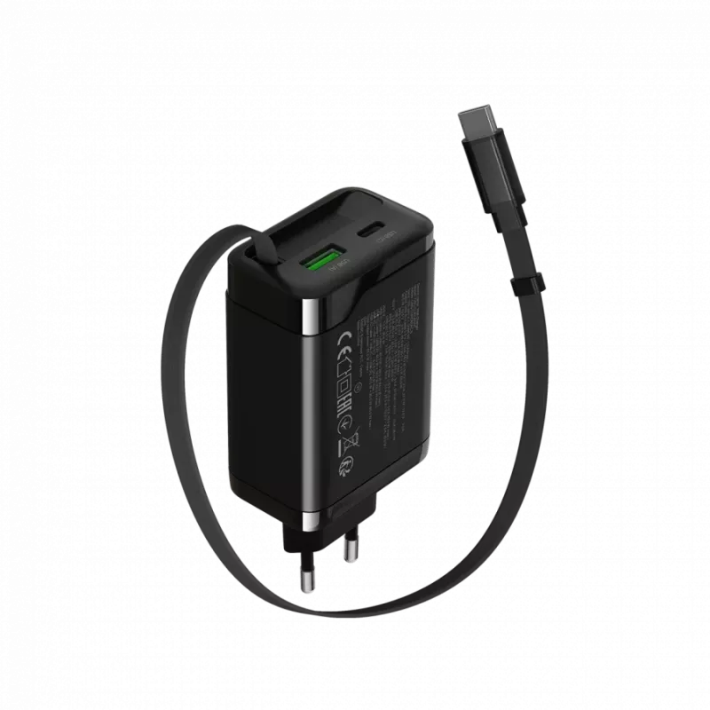 Įkroviklis CANYON OnCharge 65RC su integruotu USB-C laidu, 65W, 1x PD, 1x QC, EU kištukas, Juodas
